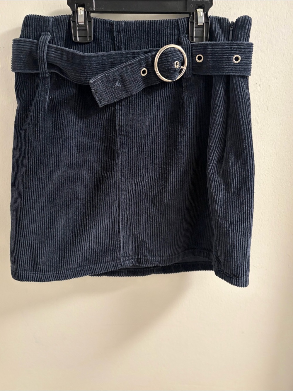 Primark preppy dark Blue Corduroy Mini Skirt with Round Buckle Belt size 4